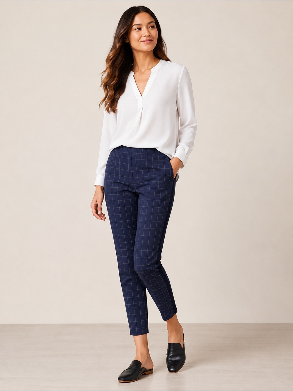 Athleta Brooklyn Windowpane Ankle Pant Size 8 Navy Blue Stretch Travel Work Pant